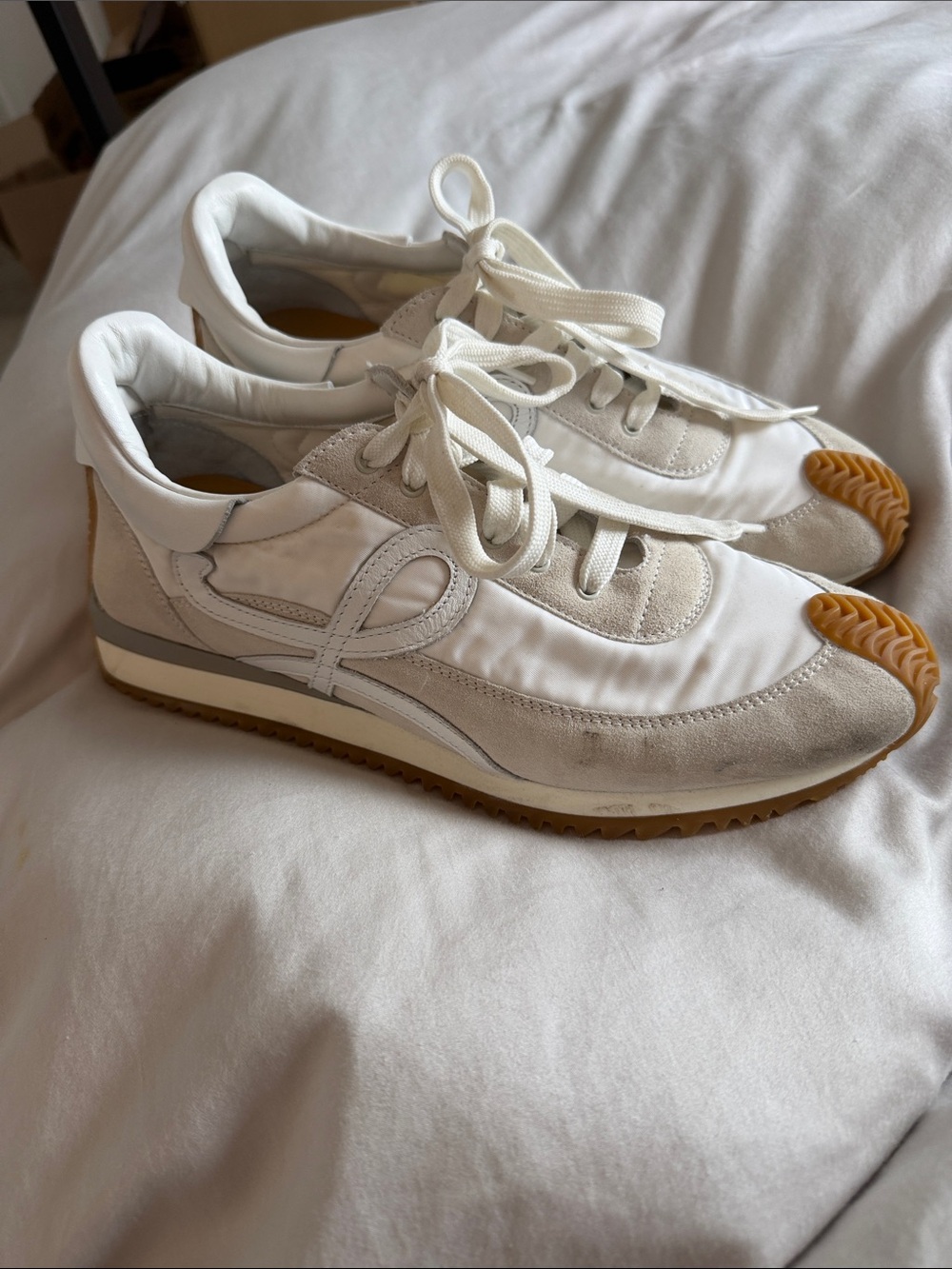 Loewe White and Beige Low-Top Sneakers with Gum Toe